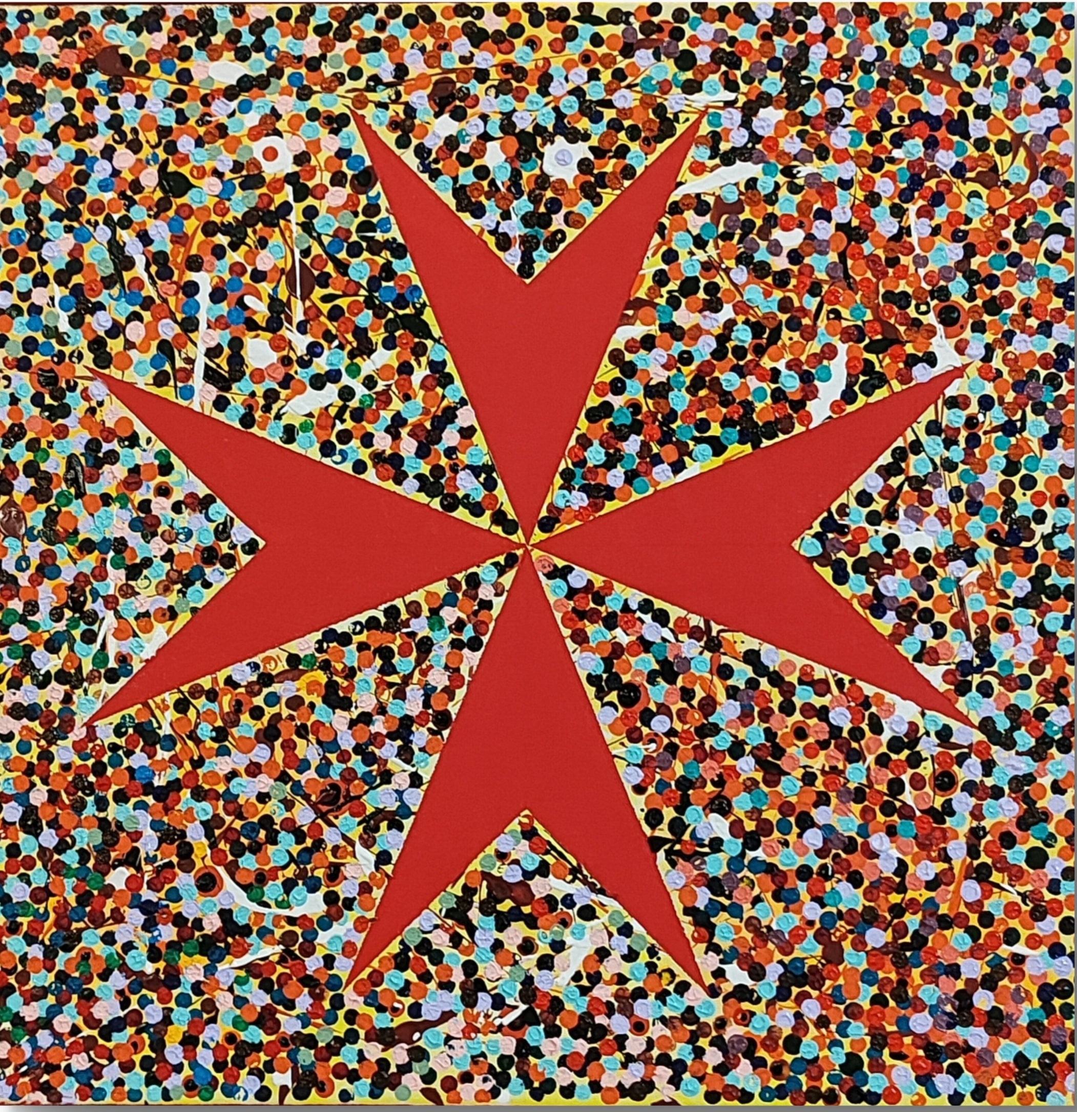 Maltese Cross artwork by John Caruana — vibrant dotted background with bold red cross
