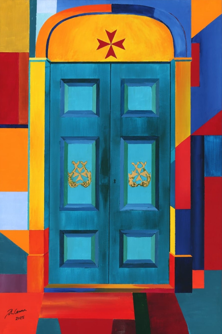 Il-Bieb Tan-Nanna — a vibrant acrylic painting of a traditional Maltese door by John Caruana, 2025